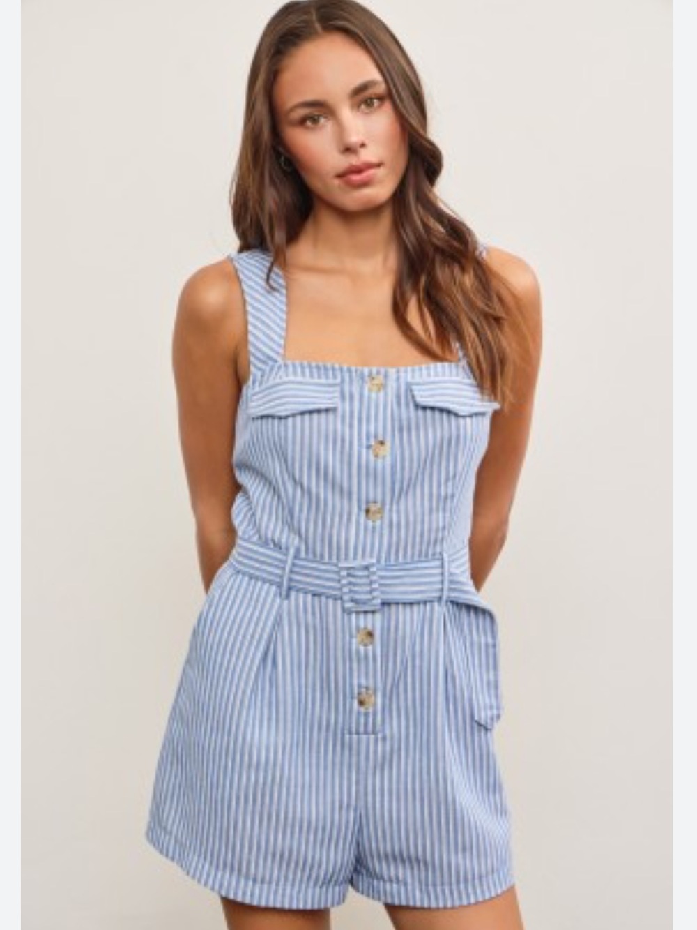 Striped Blue Belted Romper with Button Front